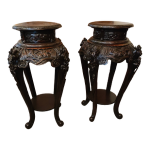 Pair of Antique Chinese Qing Dynasty Hand Carved Rosewood Plant Stand