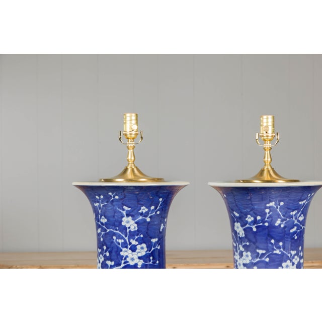 Mid 20th Century Mid Century Modern Porcelain Blue and White Table Lamps with Blooming Trees, a Pair For Sale - Image 9 of 12