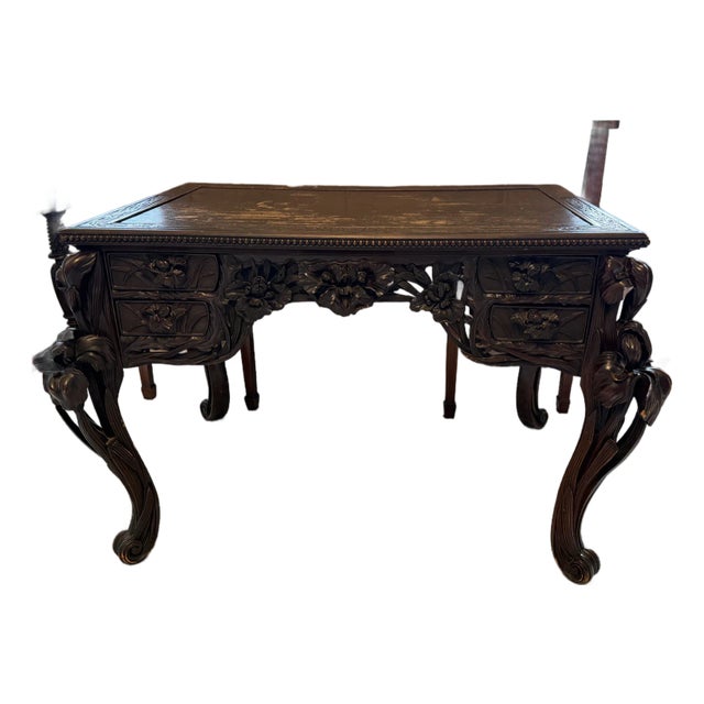 Antique French Art Nouveau Hand-Carved Walnut Writing Desk With Iris & Dragonfly Motifs For Sale