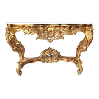Luxurious 62.6” Mirrored Glass Console Table – Hand-Carved Gold Baroque Design For Sale