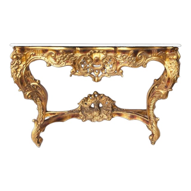 Luxurious 62.6” Mirrored Glass Console Table – Hand-Carved Gold Baroque Design For Sale