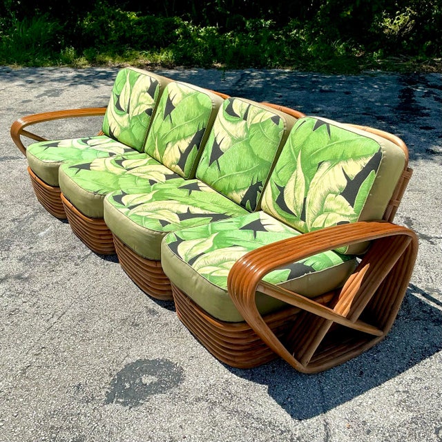 Khaki Vintage Costal Six Strand Rattan Sofa After Frankl For Sale - Image 8 of 10