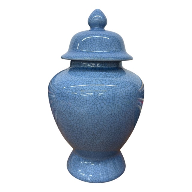 Bold Blue Crackle Ceramic Jar with Removal Lid For Sale