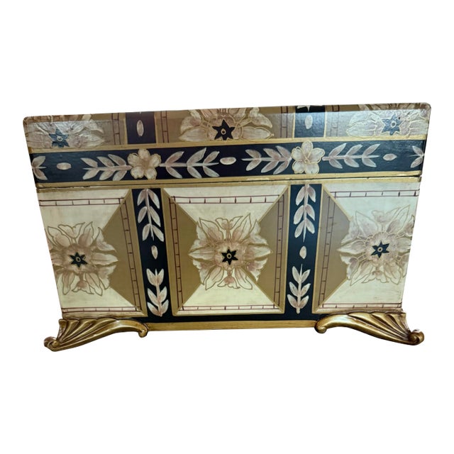 Hand Painted Decorative Wooden Box on Brass Feet For Sale