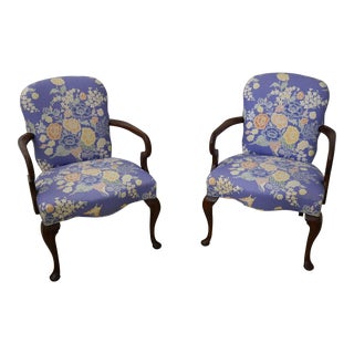 Pair Blue Floral Print Upholstered Queen Anne Armchairs For Sale