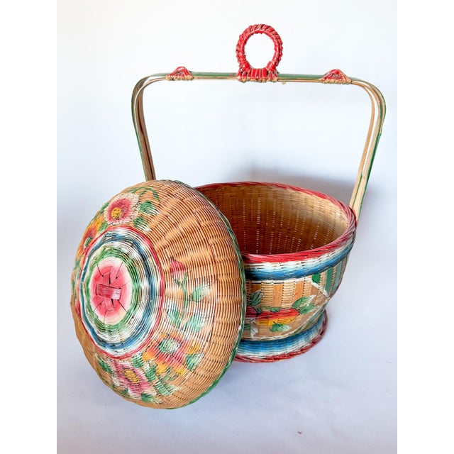 Vintage Folk Art Chinese Wedding Basket, Hand Painted For Sale - Image 4 of 12