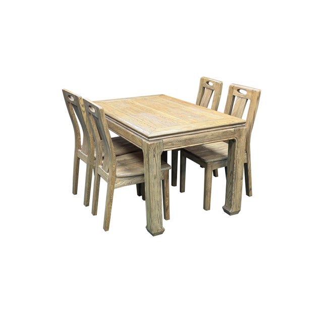 Oriental Light Wood Rough Grain Rectangular Dining Table 4 Chairs Set For Sale - Image 9 of 16