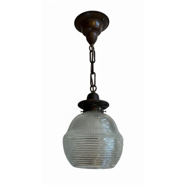 Vintage Halophane Hanging Pendant Light Fixtures - Pair For Sale In Los Angeles - Image 6 of 10