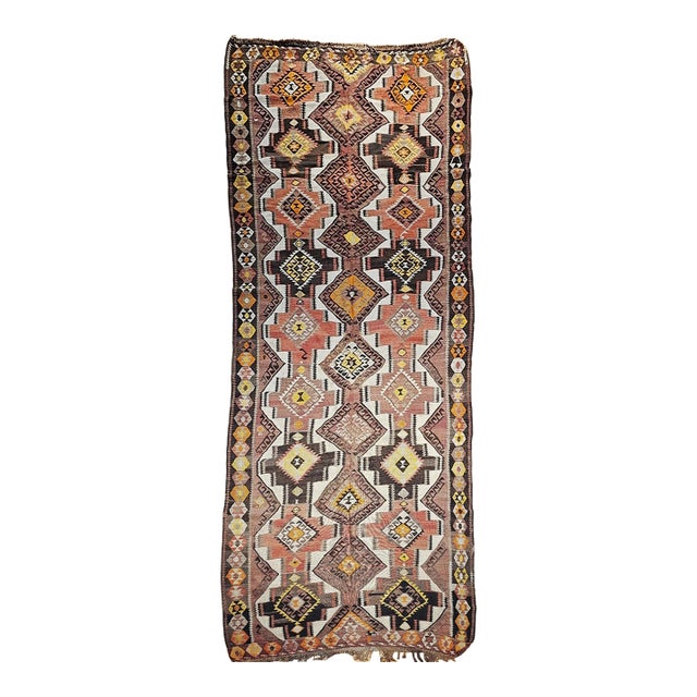 Vintage Kurdish Kilim Gallery Rug, Handwoven Wool, Allover Geometric Pattern, 5x14.5 For Sale
