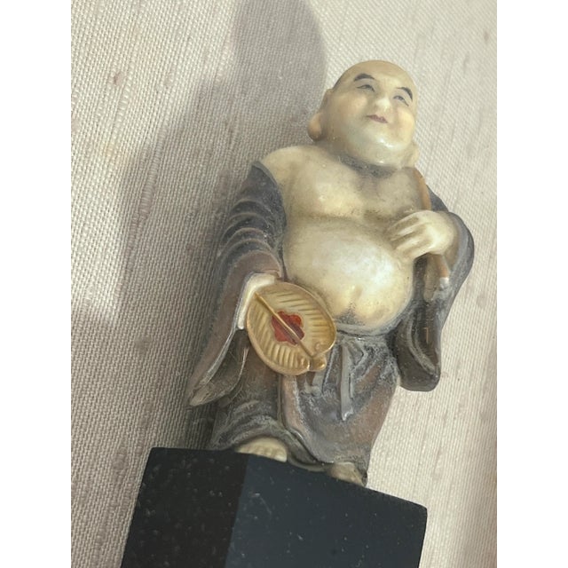 Beige Old Japanese Figures of Hotei the Buddha and Daikokuten God of Wealth, a Pair, Shadow Box Framed Wall Hangings For Sale - Image 8 of 12