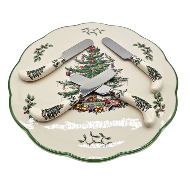 Spode Spode Christmas Tree Cheese Plate With Four Spreaders – Holiday Serving Set For Sale - Image 4 of 13