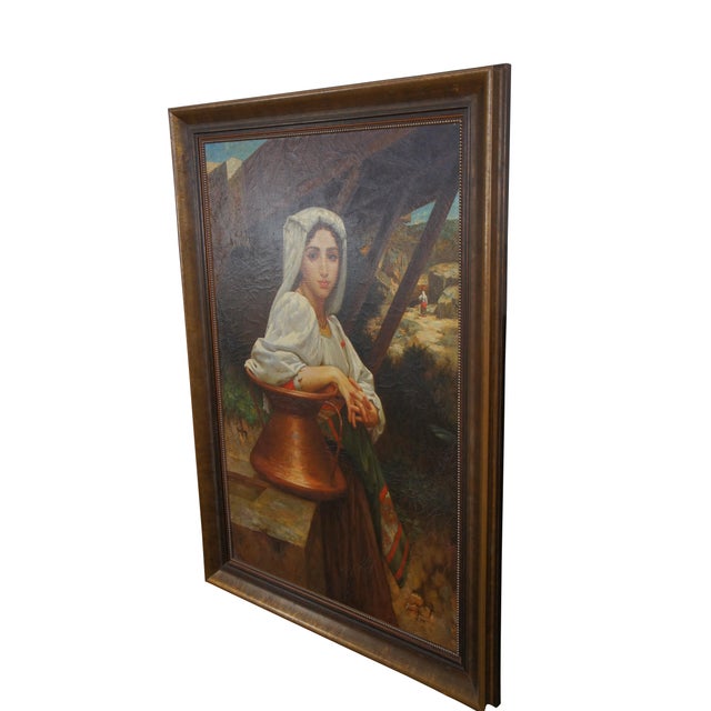 Vintage Italian Girl Drawing Water oil painting after William Adolphe Bouguereau. It features a realist portrait of a girl...