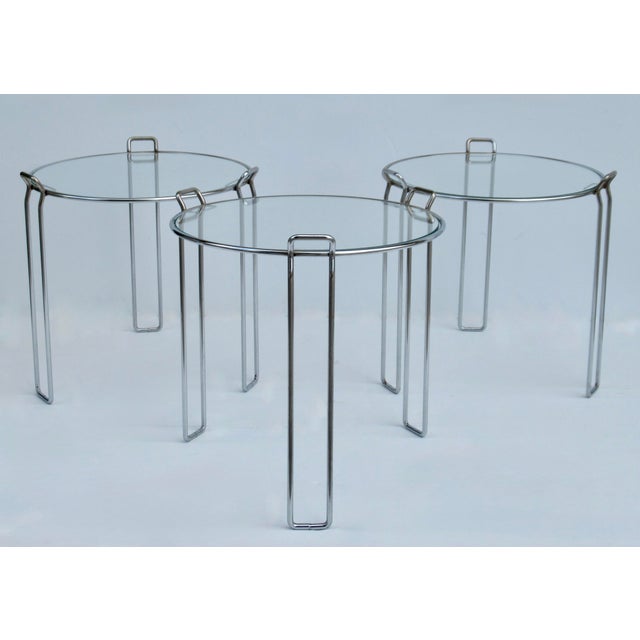 Mid-Century Modern C1970's Saporiti Italia Polished Chrome Over Steel & Glass Stacking, Nesting Tables - Set of 3 For Sale - Image 3 of 18