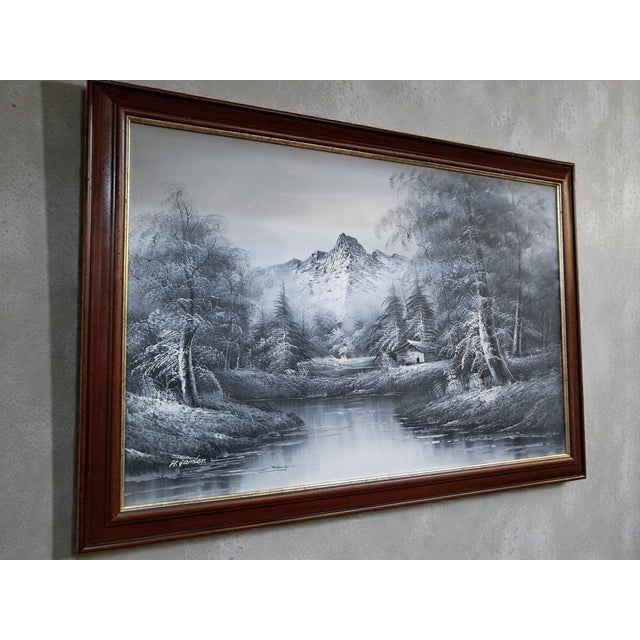 Mid-Century Modern Large Oil Painting, Black & White Winter Landscape on Canvas, H. Gamlen, 1980 For Sale - Image 3 of 18