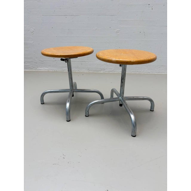 Characterful, height-adjustable workshop and industrial stools from the early 1980s. The underside is stamped Dec. 1983,...