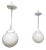 Pair of Mid-Century Modern Feldman Globe Pendant Lights, Los Angeles, Refinished White & Milk Glass For Sale