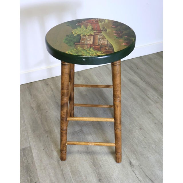 1994 Signed American Folk Art Hand-Painted Farm Scene Wood Counter Stool For Sale In Raleigh - Image 6 of 7