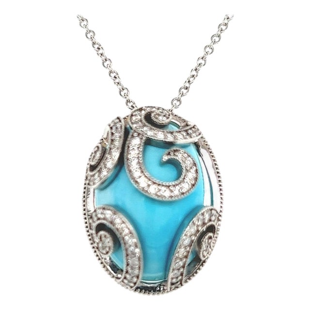 Natural Persian Turquoise Diamond Gold Necklace 15.32 TCW Certified For Sale