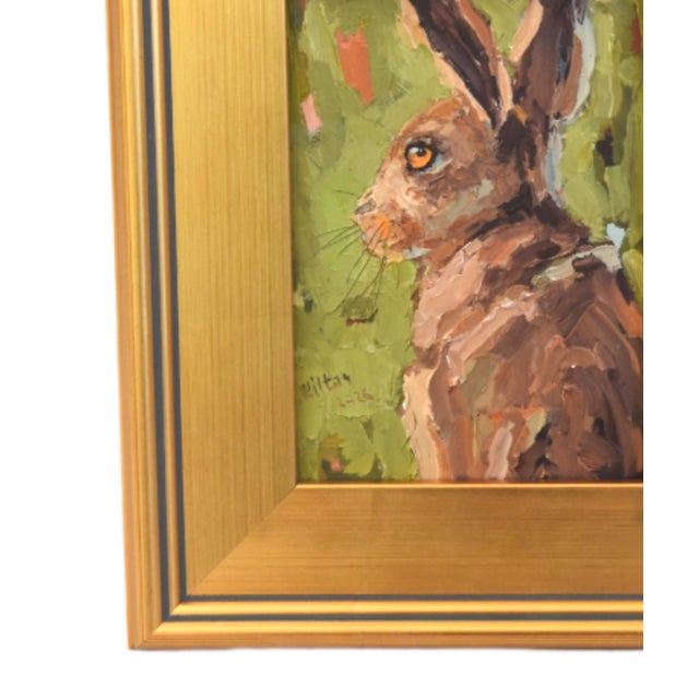 Farmhouse Impressionist Rabbit Hare Oil Painting Includeing the Antiuqued Gold Wood Frame For Sale - Image 3 of 5