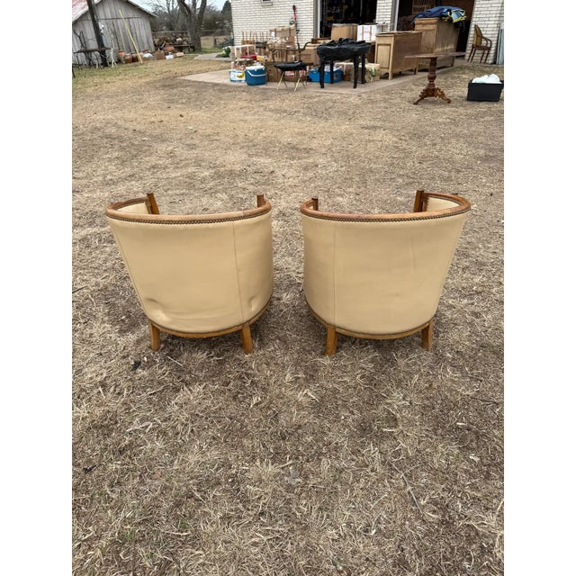 1940s French Art Deco Leather Solid Mahogany Barrel Back Club Chairs - A Pair For Sale - Image 9 of 12