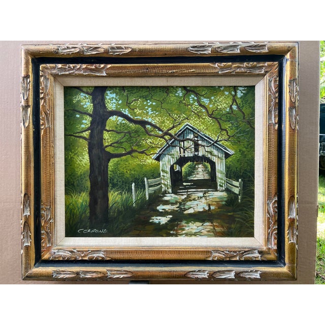 Late 20th Century Landscape Oil Painting, Covered Bridge Forest, Contemporary by Cerbone, Framed Carved Wood Linen Mat For Sale - Image 9 of 10