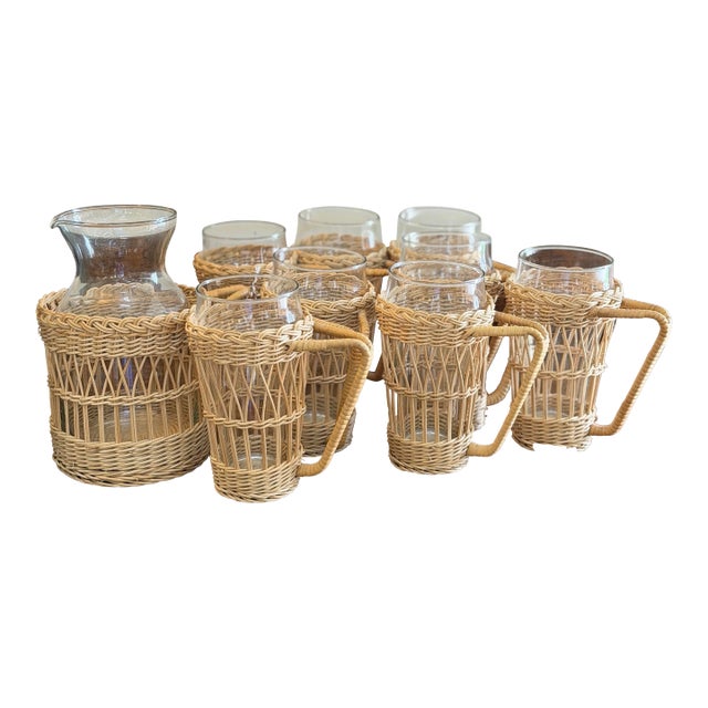 Vintage Rattan Wrapped Glasses and Pitcher - Set of 8 For Sale