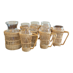 Vintage Rattan Wrapped Glasses and Pitcher - Set of 8