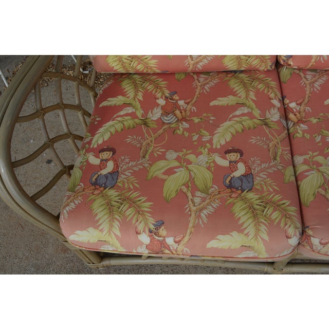 Lane Furniture Vintage Lane Venture Tan Bamboo / Rattan Loveseat Settee W/ Orange / Monkey Cushions For Sale - Image 4 of 18