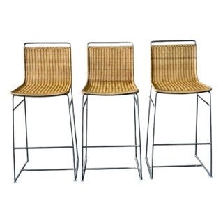 Modern Rattan and Chrome Barstools, Set of Three For Sale