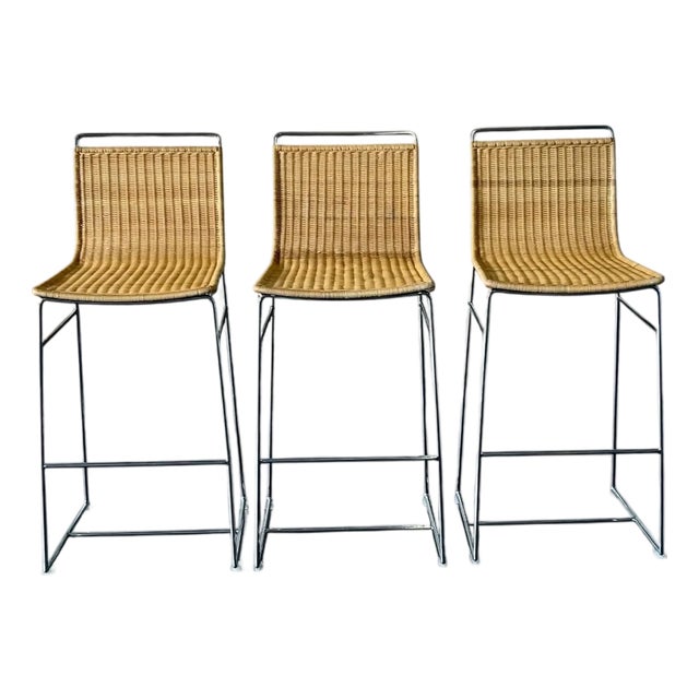 Modern Rattan and Chrome Barstools, Set of Three For Sale