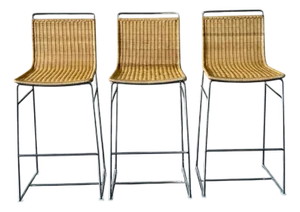 Modern Rattan and Chrome Barstools, Set of Three