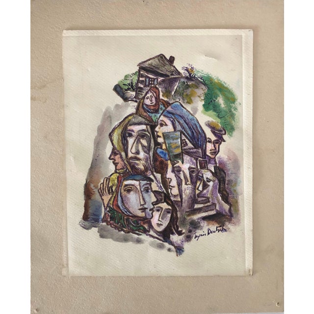Boris Deutsch, Abstract Houses and Faces Ink Drawing and Watercolor Painting Shtetl Judaica For Sale - Image 4 of 5