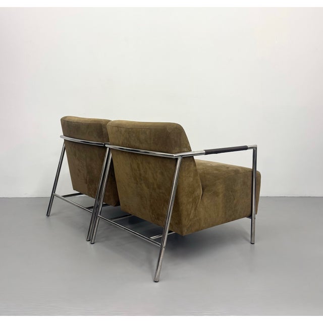 Olive Vintage MCM Chrome & Suede Lounge Chairs - Pair For Sale - Image 8 of 9