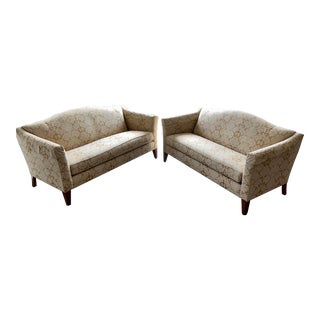 Ethan Allen Gold Brocade Three-Person Sofas, Each With 2 Matching Throw Pillows - Set of 2 For Sale