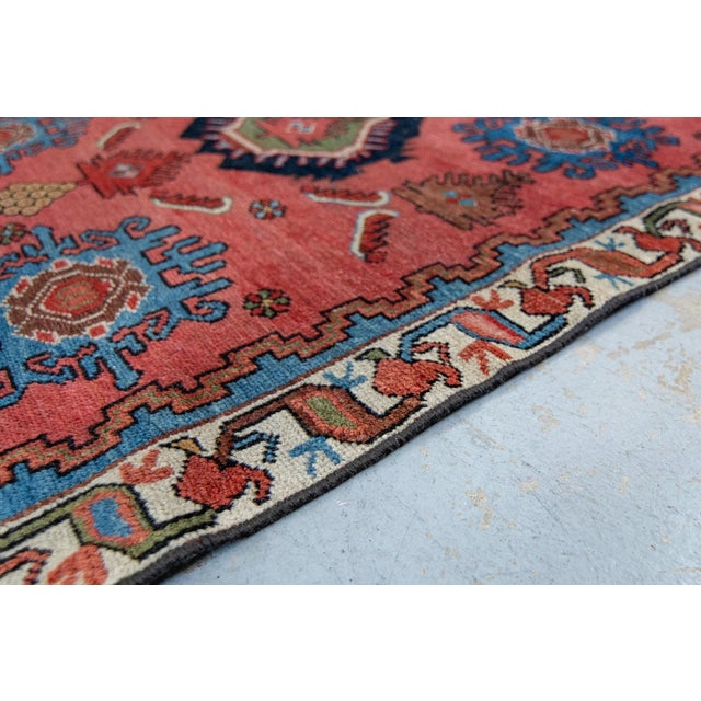 Art Deco 1880s Antique Geometric Salmon Red Blue Hand-Knotted Wool Pile Rug - 2’11” X 4’8” For Sale - Image 3 of 8
