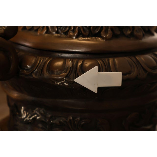 Neoclassical Style Large Pair Of Cast Bronze Covered Urns With Figural Relief For Sale - Image 18 of 18