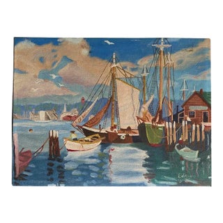 Vintage Oil Painting on Board Depicting a Harbor Scene, Artist Signed and Dated 1952 For Sale