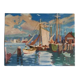 Vintage Oil Painting on Board Depicting a Harbor Scene, Artist Signed and Dated 1952