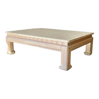 1990s Vintage Monumental Travertine and Bleached Oak Coffee Table For Sale