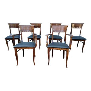Late 20th Century Vintage Italian Biedermeier Dark Fruitwood Vinyl Leather Seat Dining Chairs - Set of 6