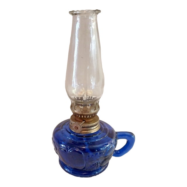 Vintage Kerosene Oil Lamp Cobalt Blue Embossed Fruit Pattern For Sale