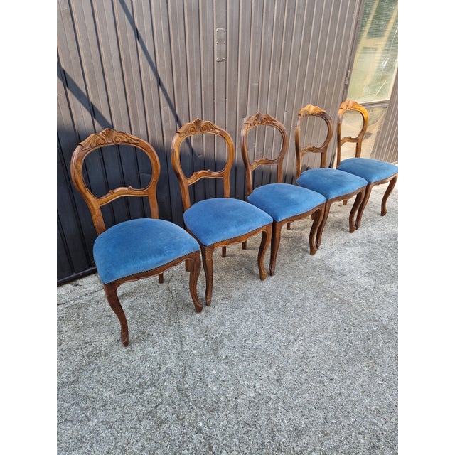 Louis Philippe Chairs in Walnut and Blue Velvet, 1950s, Set of 5 For Sale - Image 14 of 15