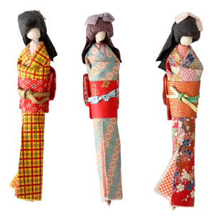 Mid-Century Japanese Folk Art Kimono Dolls Set of 3