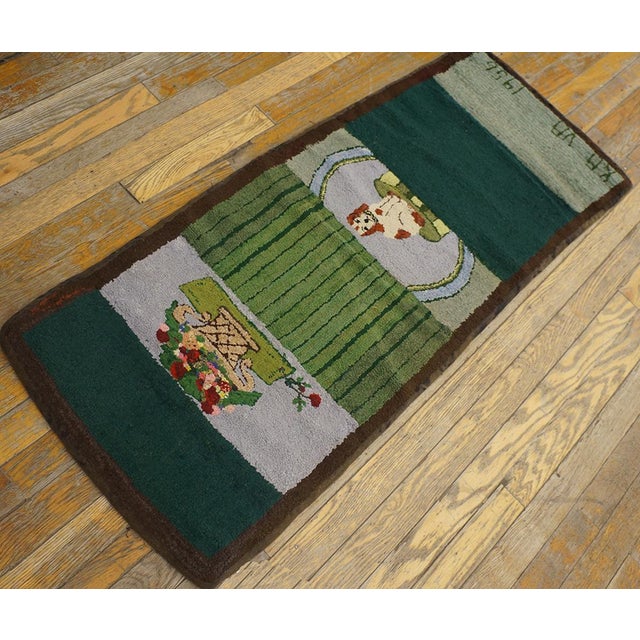 Mid 20th Century 1950s Green Scene Pictorial Vintage American Hooked Rug 1'8" X 4' Handknotted Wool Carpet For Sale - Image 5 of 9