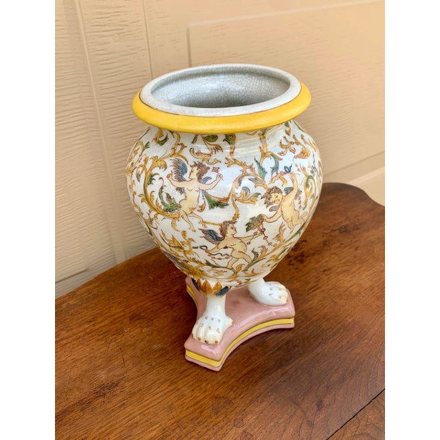 Neoclassical Painted Faience Putti Vase on Paw Feet For Sale In South Bend - Image 6 of 13