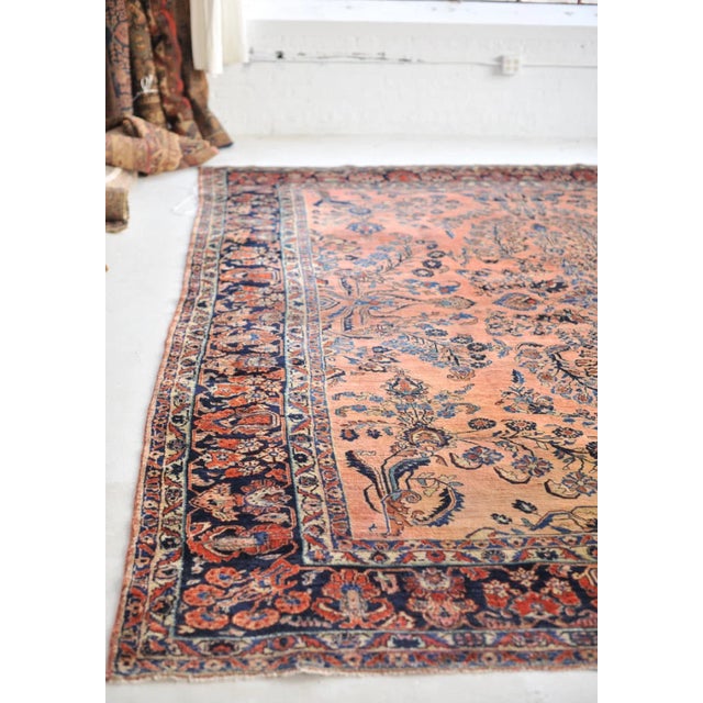 Antique Botanical Sarouk GEM Salmon, Coral, Pink & Peacock Blue Rug 10.3 x 13.4 For Sale - Image 4 of 14