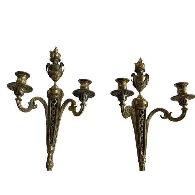 Early 19th Century Pair of Antique French Louis XVI Neoclassical Gilt Bronze Ormolu 2 Candelabra Wall Sconces C1860 For Sale - Image 5 of 8