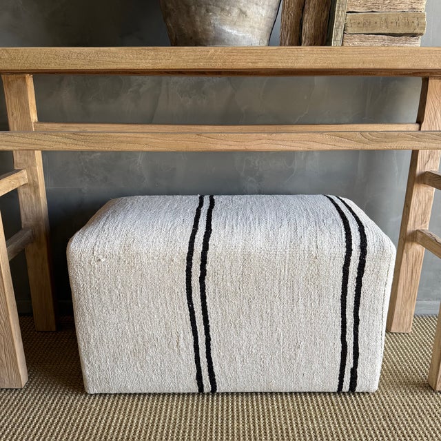 Mid-Century Modern Rectangular Striped Off-white & Dark BrownOttoman Made From a Vintage Turkish Rug For Sale - Image 3 of 8