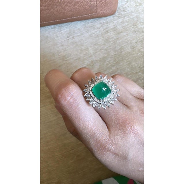 Green 5.88 Carats, Natural Zambian Emerald Sugarloaf & Rose Cut Diamonds Cocktail Ring, Size 7 For Sale - Image 8 of 9