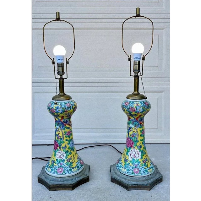 Ceramic Monumental Pair of Early 19th-Century Chinese Famille Rose Porcelain Vase Lamps For Sale - Image 7 of 12